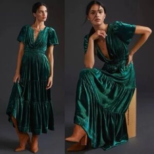 Anthropologie Somerset Velvet Maxi Dress – Emerald Green Size MP Tiered Pockets